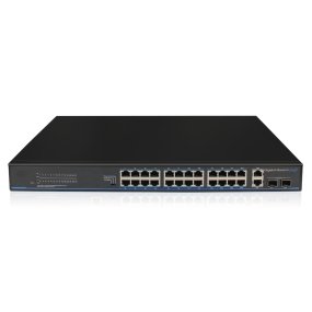 24x PoE+ Netzwerk Gigabit Switch, 4x Gigabit Uplink-Ports (RJ45 + SFP), 400W, 56Gbps Kapazität, One-Key VLAN, Metallgehäuse