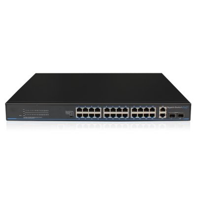 24x PoE+ Netzwerk Gigabit Switch, 4x Gigabit Uplink-Ports (RJ45 + SFP), 400W, 56Gbps Kapazität, One-Key VLAN, Metallgehäuse 24x PoE+ Netzwerk Gigabit Switch, 4x Gigabit Uplink-Ports (RJ45 + SFP), 400W, 56Gbps Kapazität, One-Key VLAN, Metallgehäuse