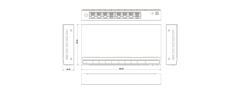 8x Port Netzwerk Gigabit Switch, 16Gbps Kapazität, Unmanaged, CCTV-Modus, geschirmte RJ-45 Ports, Lüfterloses Metallgehäuse