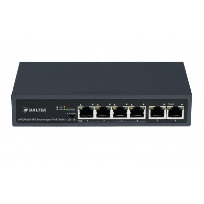 BALTER X ECO Unmanaged PoE Switch mit 6 x 100Mbps Netzwerk-Ports (RJ45) inkl. 4x PoE-Ports, 65 Watt, 230V AC